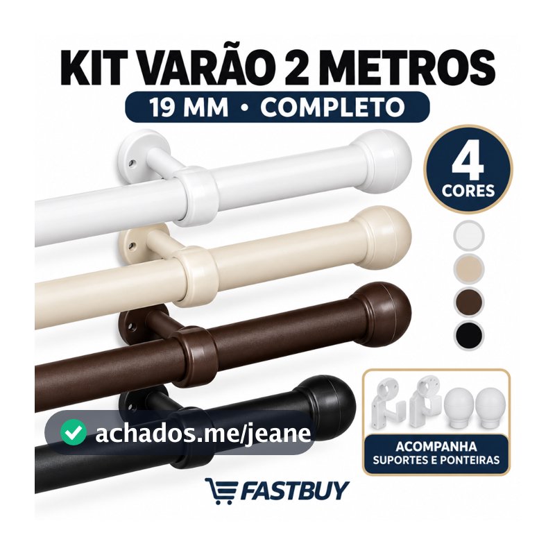 Kit Varão Completo 2,00 Metros de Cortina Resistente 19mm Várias Cores Envio Imedito