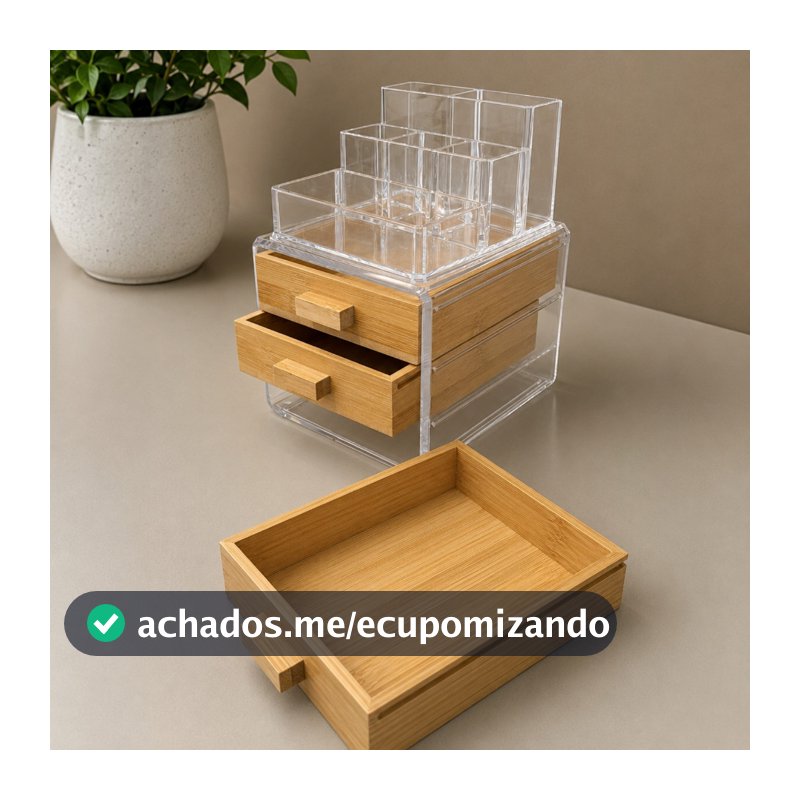Kit Organizador Maquiagem com Porta Joia e Gavetas Bambu