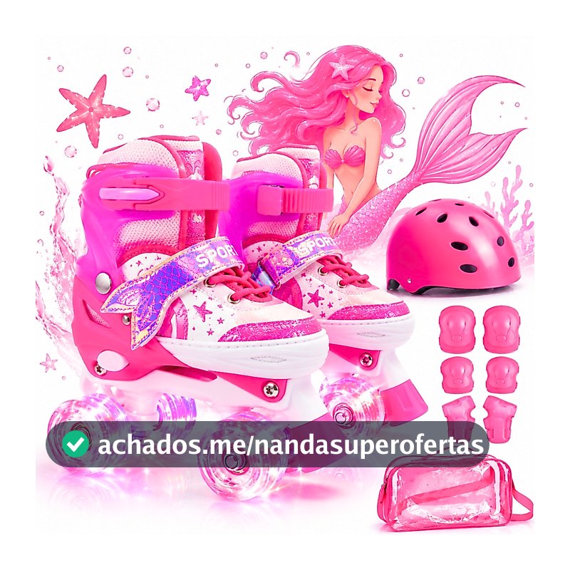 Patins Infantil 4 Rodas Quad Roxo Sereia Com Luz De Led Patins Meninas Com Proteção Ajustavel com bolsa
