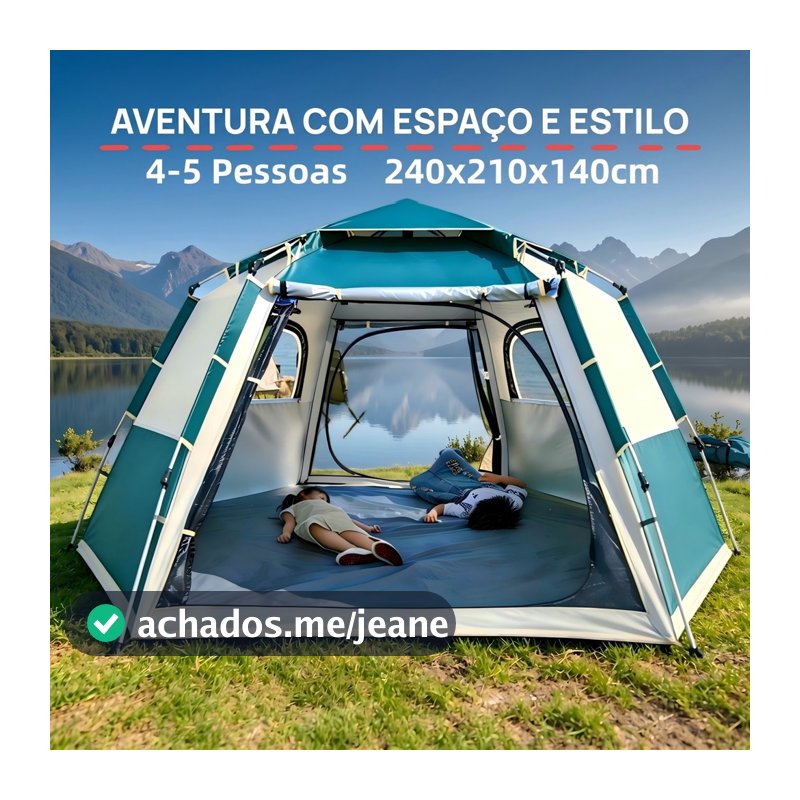 Barraca de Camping Automática 4-5 Pessoas 240x210x140cm Grande Hexagonal / Quadrilátero com Vara de Hall Portátil