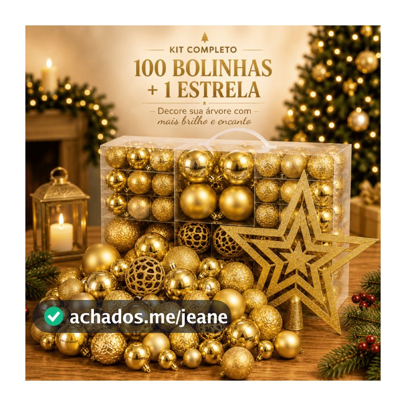 Kit 100 Bolas de Natal + Estrela para Árvore Decoração Premium Bolinhas Mistas Lisas Foscas Glitter Dourada e Vermelha