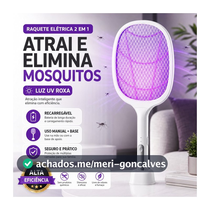 Raquete Mata Mosquito Recarregável Com Base Luz UV 2 em 1