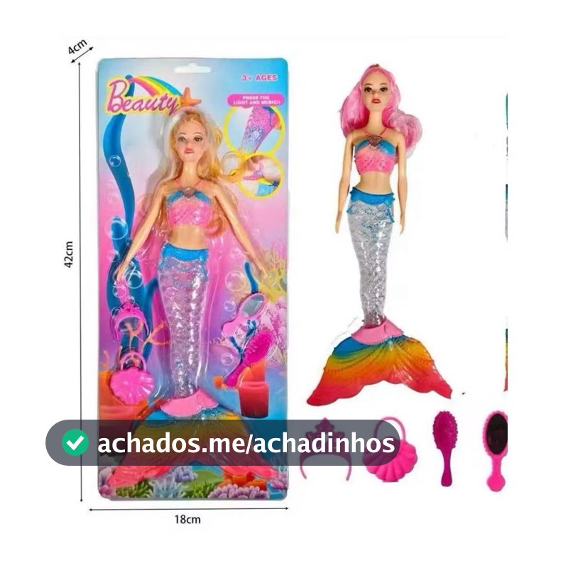 boneca barbie princesa sereia com luzes e musica e varios acessorios