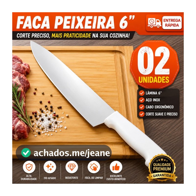 Conjunto Faca Peixeira 6 Polegadas Inox Profissional Cabo Branco para Churrasco Carne Cozinha