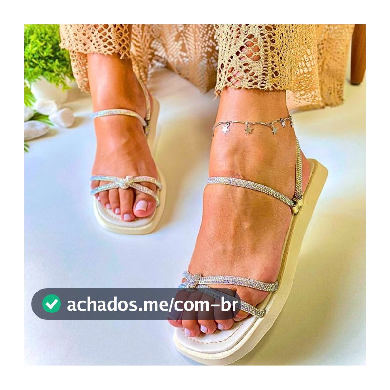 Sandália Feminina com Nó de Strass Confort Luxo Casual Super Confortável Palmilha Macia Mini Plataforma Rasteira 2 em 1