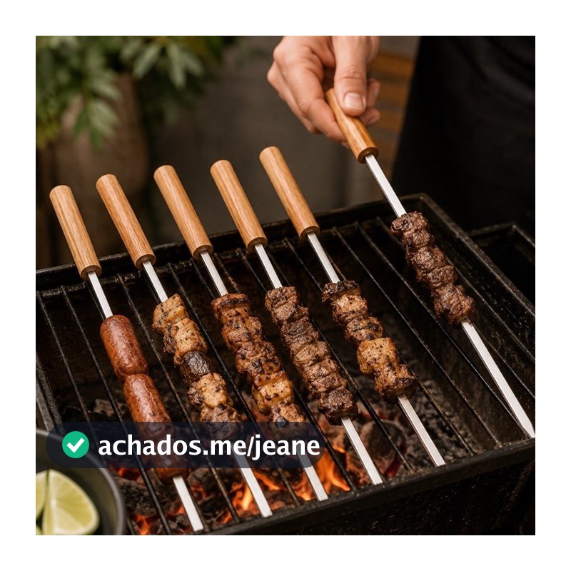 Kit 6 Mini Espetos Para Churrasco Inox Cabo De Madeira Revestido em Aço Inox Profissional 26 cm - Resistente