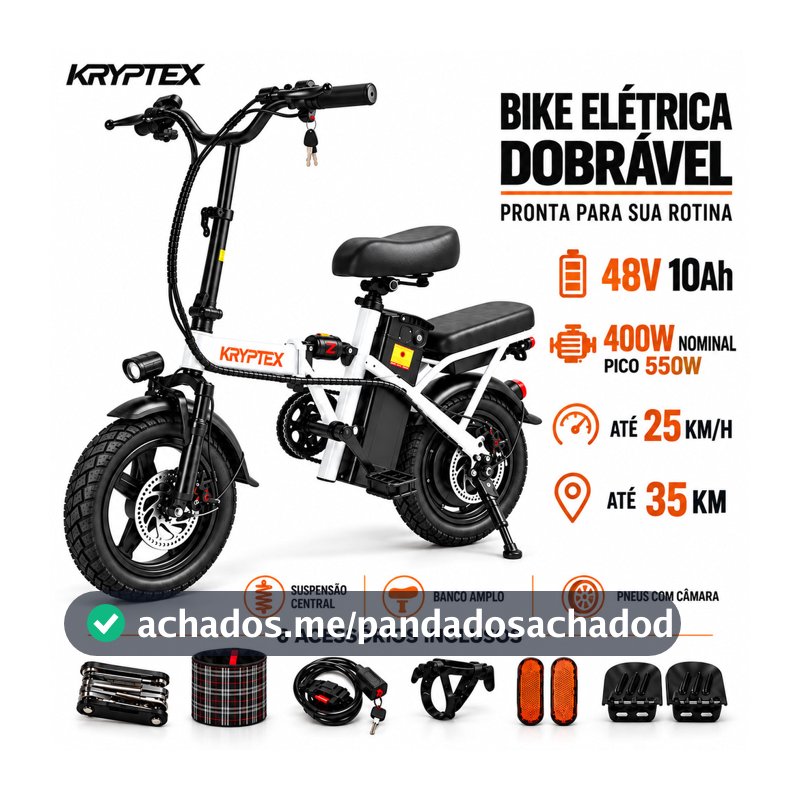 Bicicleta Elétrica KRYPTEX 400W Dobrável com Bateria Removível 48V Suspensão Banco Traseiro Para Adulto