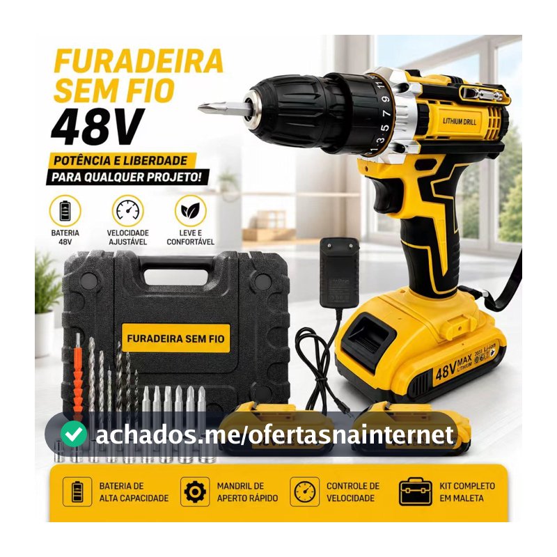 Parafusadeira Furadeira 48V Sem Fio com 2 OU 1 Bateria, Acessórios Completos e Maleta de Transporte OU caixa de papelão