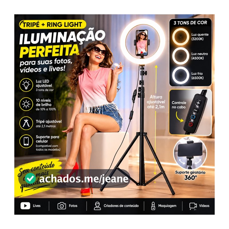 Iluminador Ring Ligth Anel Luz 26cm 10 Polegadas Make Fotos Com Tripé 1,6 Metros Fotografia Video Selfie Youtube Top