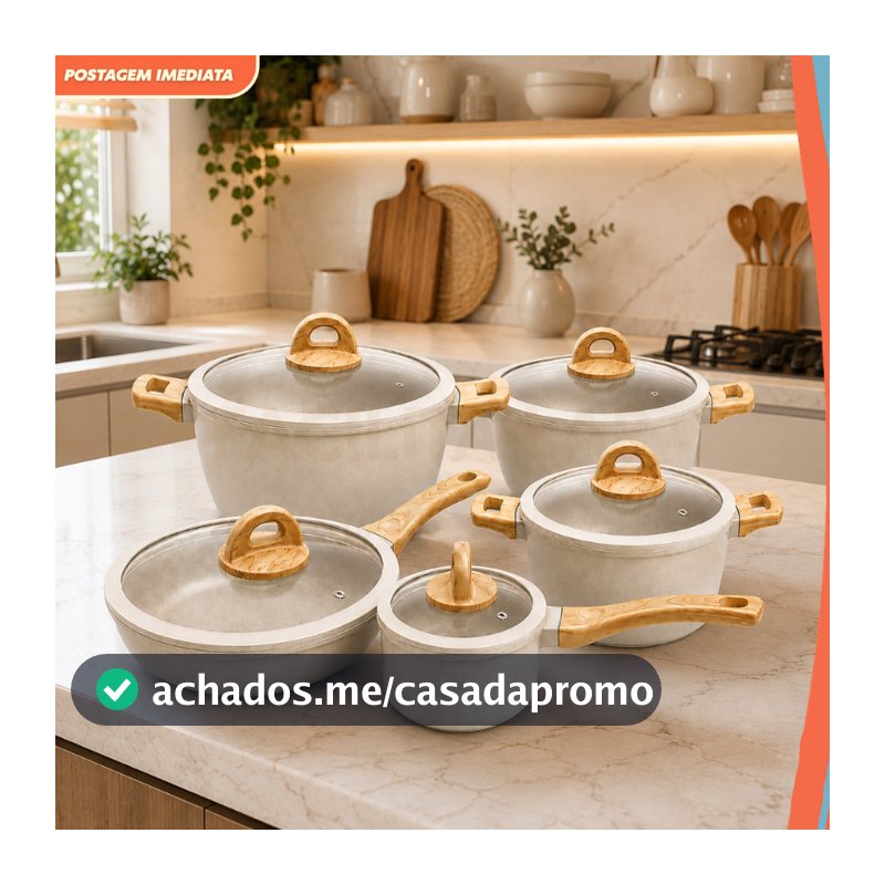 Jogo de Panelas Cerâmica Antiaderente Indução Fundo Triplo 2,5mm Tampa Vidro Soft Touch Gás Elétrico Cozinha