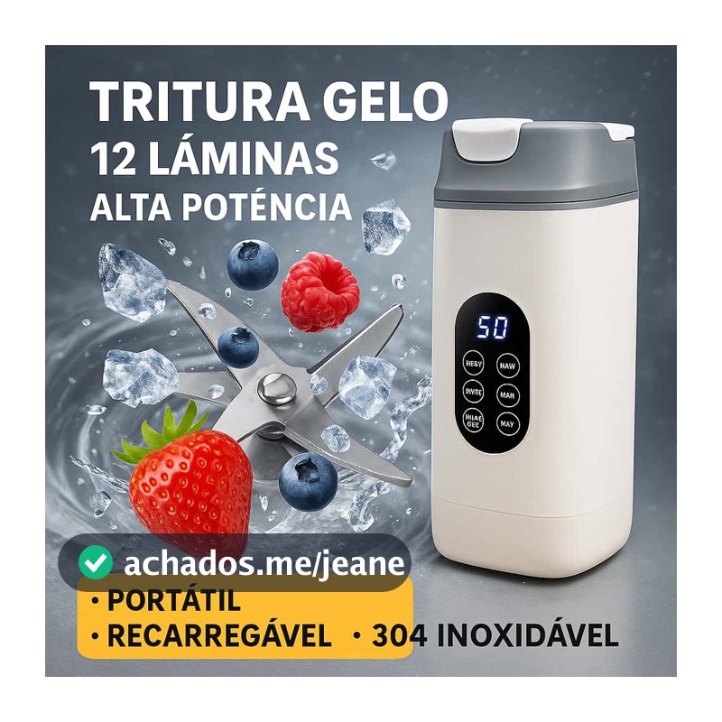 Liquidificador Portátil 12 Lâminas Recarregável  Alta Potência, Tritura Gelo e Frutas