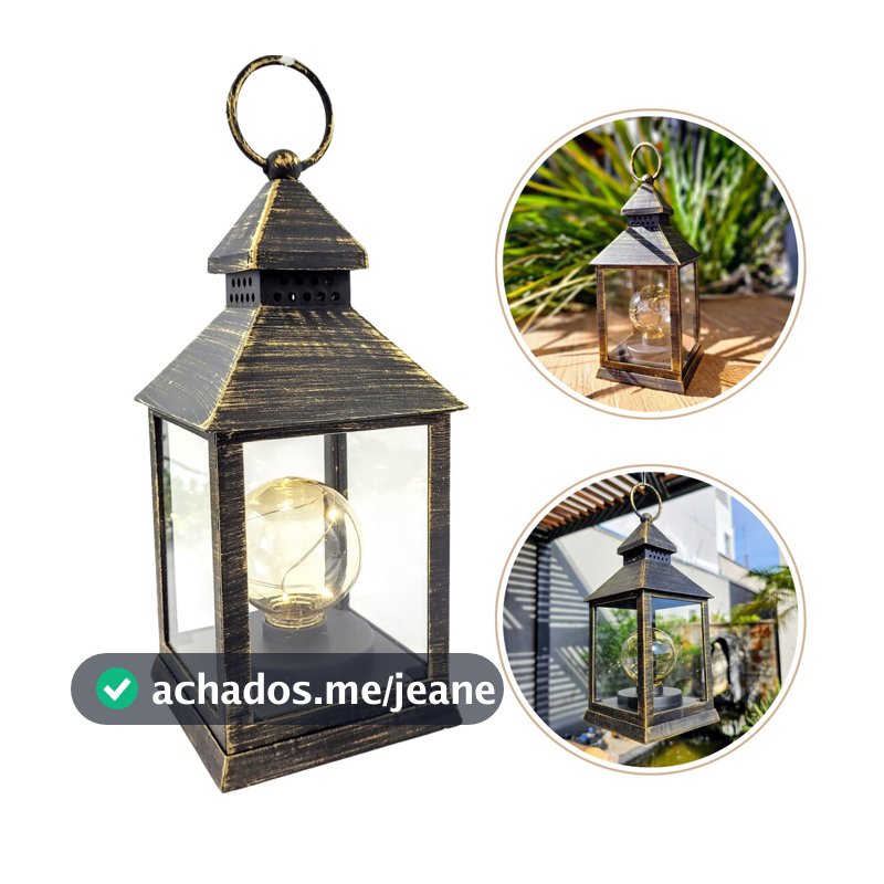 Lanterna Marroquina Decorativa LED 23cm Fio Fada Luz Pilha Preta Dourada Luminária Oriental Mesa Sala Varanda Festa