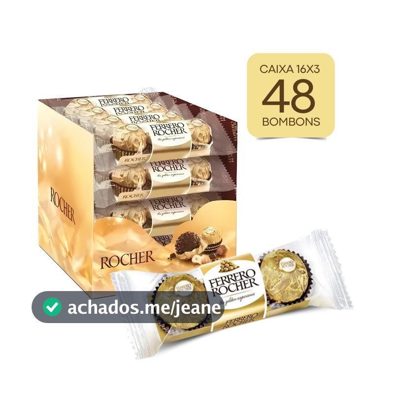Caixa Ferrero Rocher 48 Un Chocolate Ao Leite Avelã 16 Pacotes 37,5g T3 Bombom Wafer Crocante Recheio Cremoso