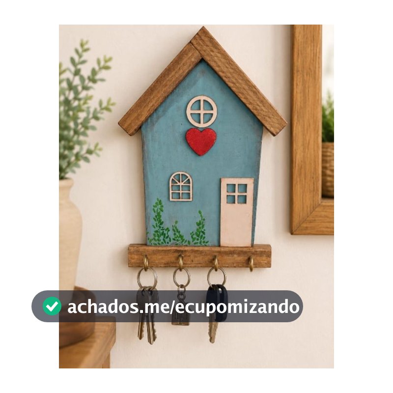 Porta Chaves de Parede Casinha em Madeira Artesanal | Organizador Decorativo Rústico com 4 Ganchos/ Porta chaves madeira