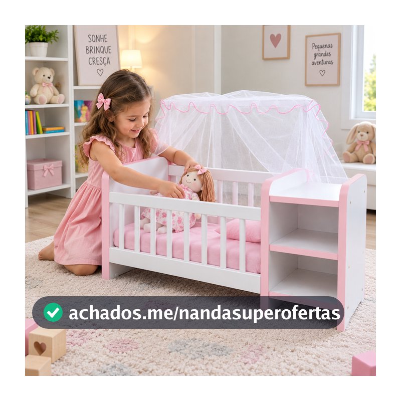 Berço de Boneca Infantil Reborn com Cômoda Colchão Mosquiteiro e Véu