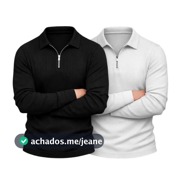Camisa Polo de Manga Longa Canelada com Zíper Malha Súeter