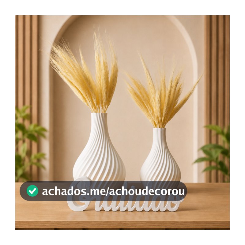Kit 2 Vasos Branco Decorativos + Letreiro Enfeite de Plástico Sala, rack, Casa e Escritório Decoração Moderna Trigo seco