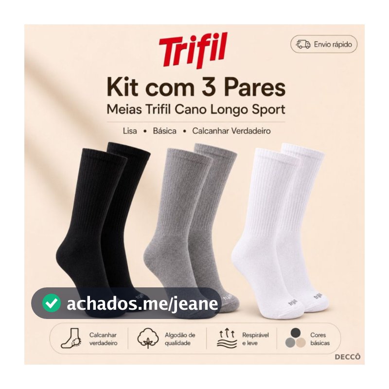Kit com 3 Pares de Meias Trifil Esportiva Lisa Modelo Cano Longo Calcanhar Verdadeiro Básica Sport