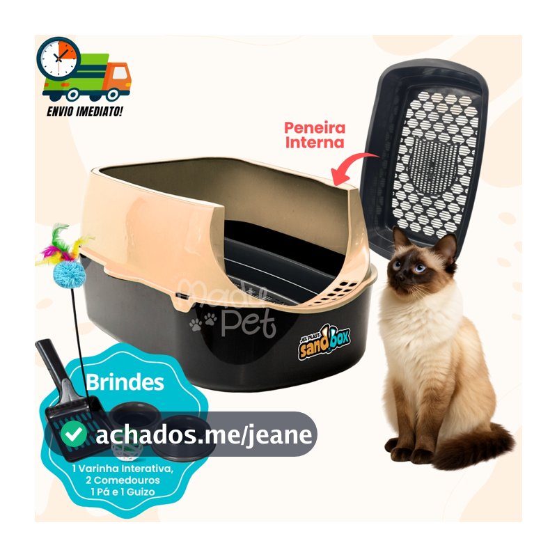 Caixa de Areia Para Gatos Com Tampa Furba + Peneira Interna + Pá Higiênica + 2 Comedouros + 01 Guizo