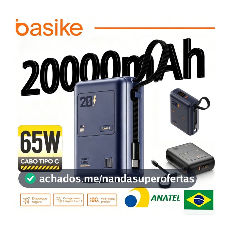 Basike Carregador portátil Power Bank 20000mah PD 65W Carregamento rápido