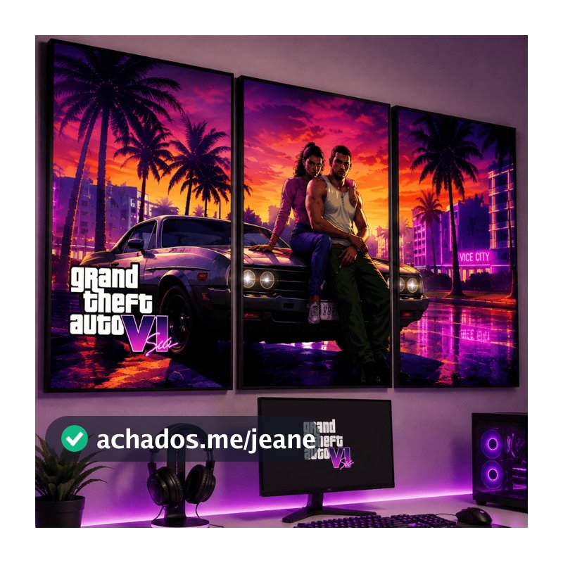 Quadro GTA 6 Grand Theft Auto VI 3 Peças Decoração Quarto Gamer Poster Gamer Parede