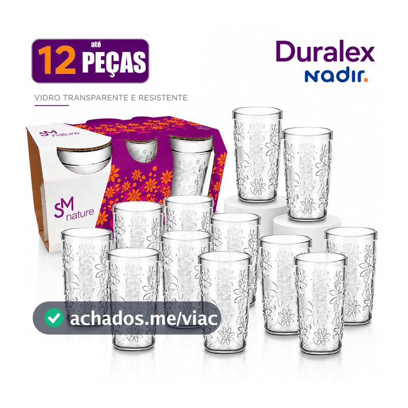 Conjunto Jogo de 12 Copos Nature SM Nadir 270ml Conjunto copos de vidro Mesa Posta Bebidas Drink