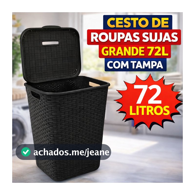Roupeiro Cesto de Roupa Suja Grande 72L com Tampa Rattan para Lavanderia Banheiro Multiuso Gigante Família Premium