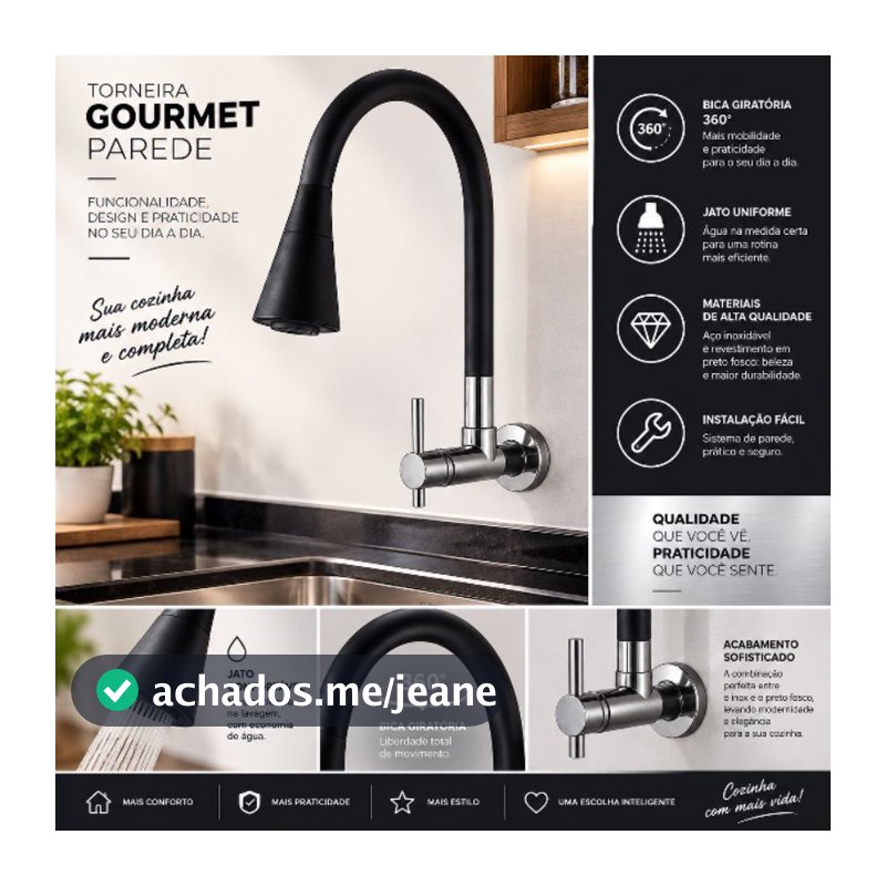 Torneira Gourmet Parede Cozinha Banheiro Preta Flexível 2 Jatos Cone 1/4 Volta Luxo Black
