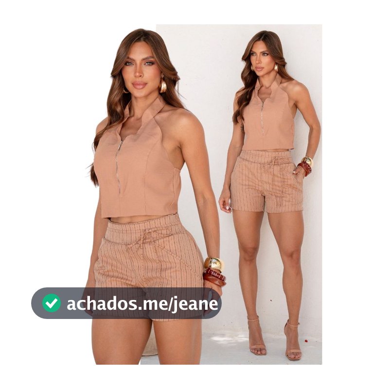 Conjunto Feminino Cropped Frente Única com Bojo e Shorts Listrado Fio Tinto Alfaiataria Cintura Alta