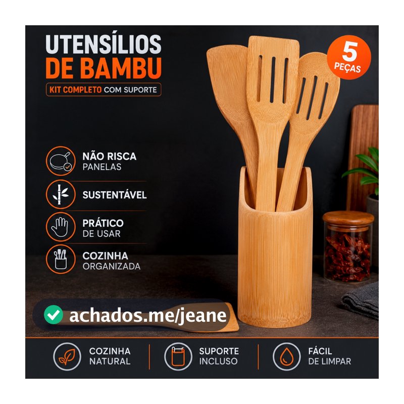 Kit Utensílios de Bambu com Suporte 5 Peças para Cozinha 30cm Não Risca Panelas
