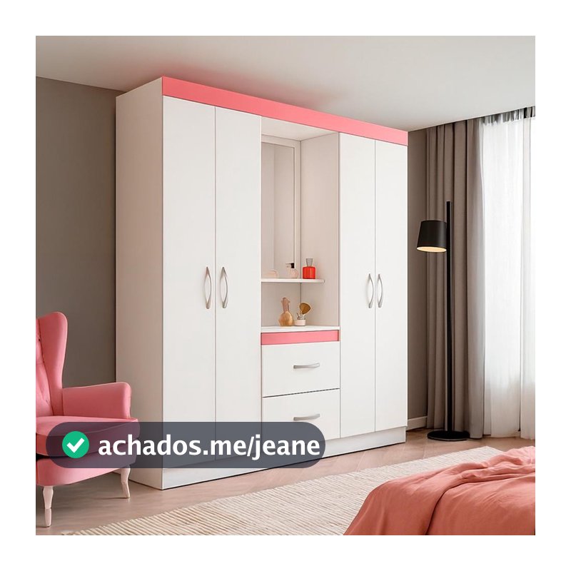 Guarda-Roupa Solteiro com Espelho Embers 4 Portas 2 Gavetas Branco e Rosa