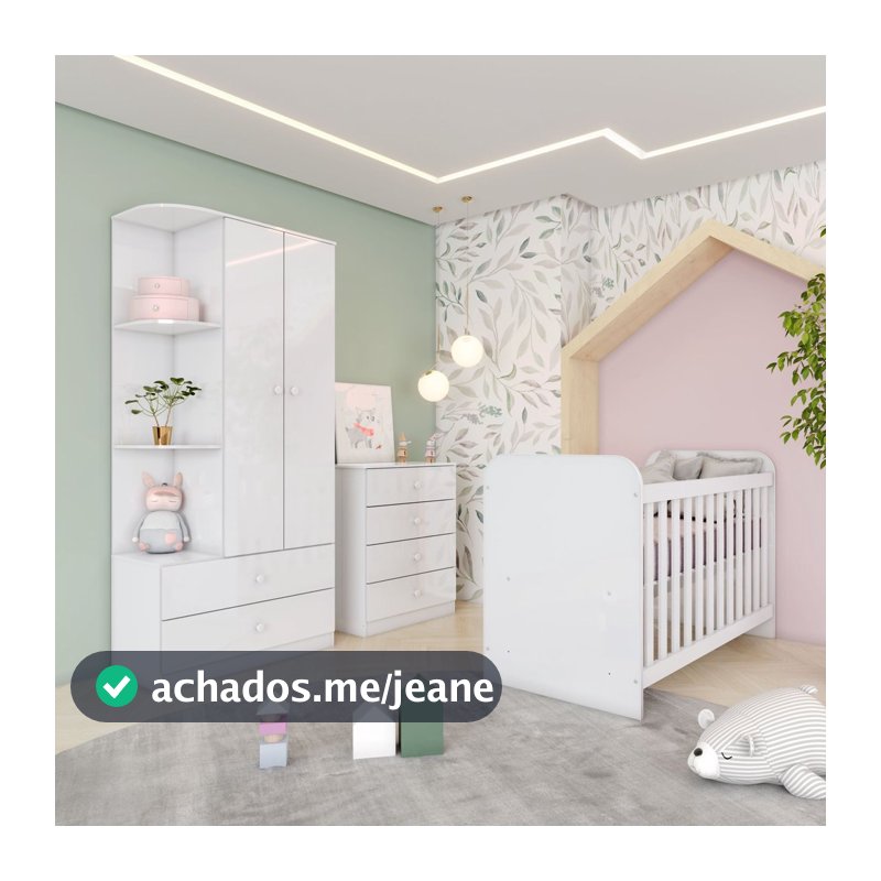 Quarto de Bebê Berço Guarda-Roupa e Cômoda Sonho Encantado Espresso Móveis Branco Branco