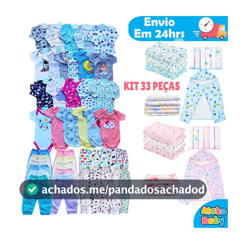 Kit 33 peças Enxoval Bebê Kit Maternidade Roupa Bebê Recem Nascido Menino e Menina 100% Algodão