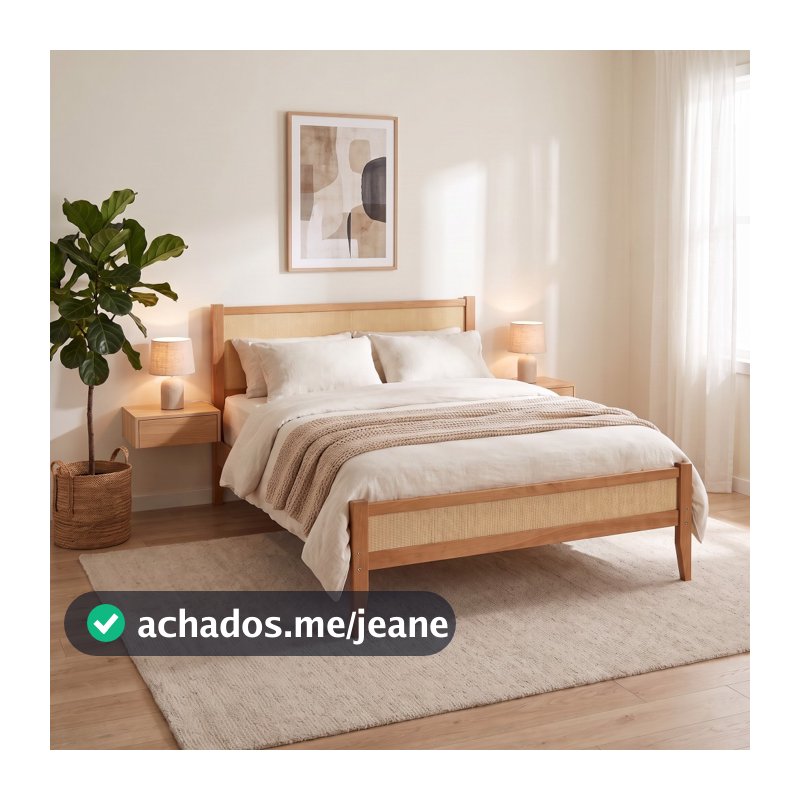 Cama Queen Inari Madeira Maciça com Palhinha 165,5 x 207 cm Estrutura para Colchão Queen Quarto Casal