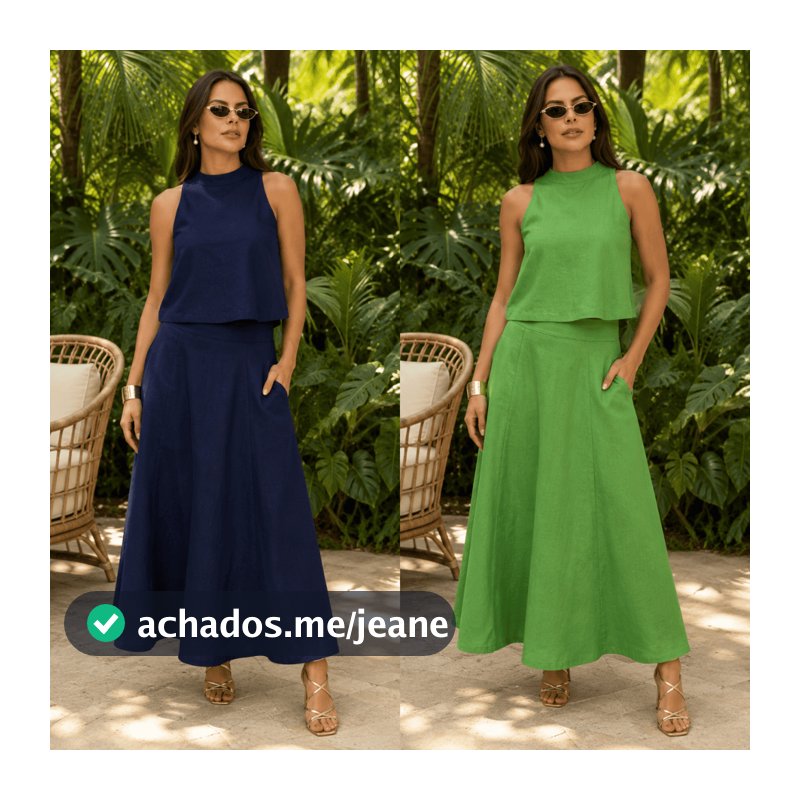 Conjunto Feminino Linho Cropped Gola Alta Saia Midi Evasê Zíper Bolso Elegante Social Verão 2 Peças Moda Evangélica