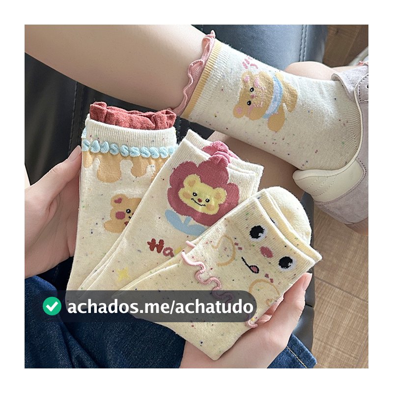 3/6/12 Pares Meias Femininas Cano Médio Algodão Estampadas Fio Mesclado Kawaii Confortáveis Moda Casual Tamanho 35-40