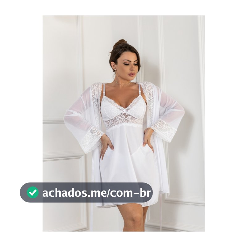 Kit Noiva Lua de Mel com 1 camisola e 1 robe luxo de renda acompanha 2 calcinha fio dental