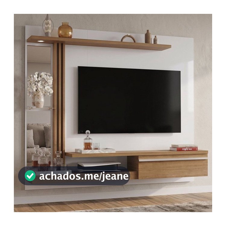 Painel para TV até 55 Polegadas com LED 160CMX136CM Prateleira de Vidro Denver Bege Off White/Naturalle