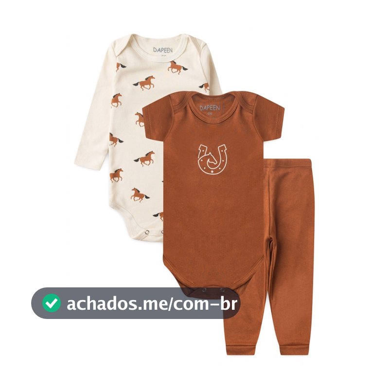 Kit Roupas Bebê Menino Algodão | Body Mijão Pagão Estampa Cavalo Off White