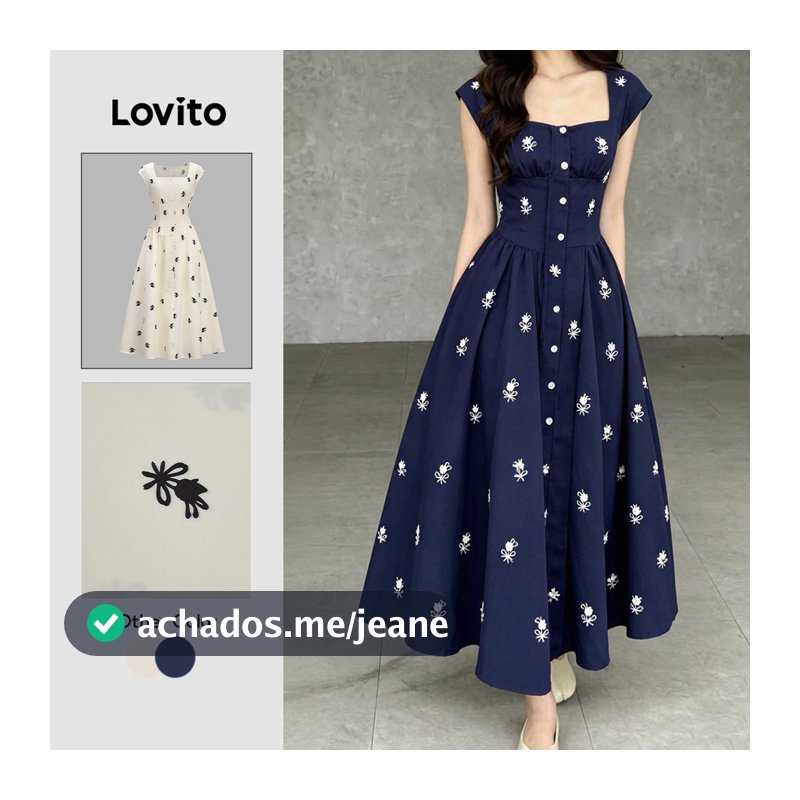 Lovito Vestido Elegante com Botão Primavera/verão Vestido Azulescuro para mulheres LBL36139