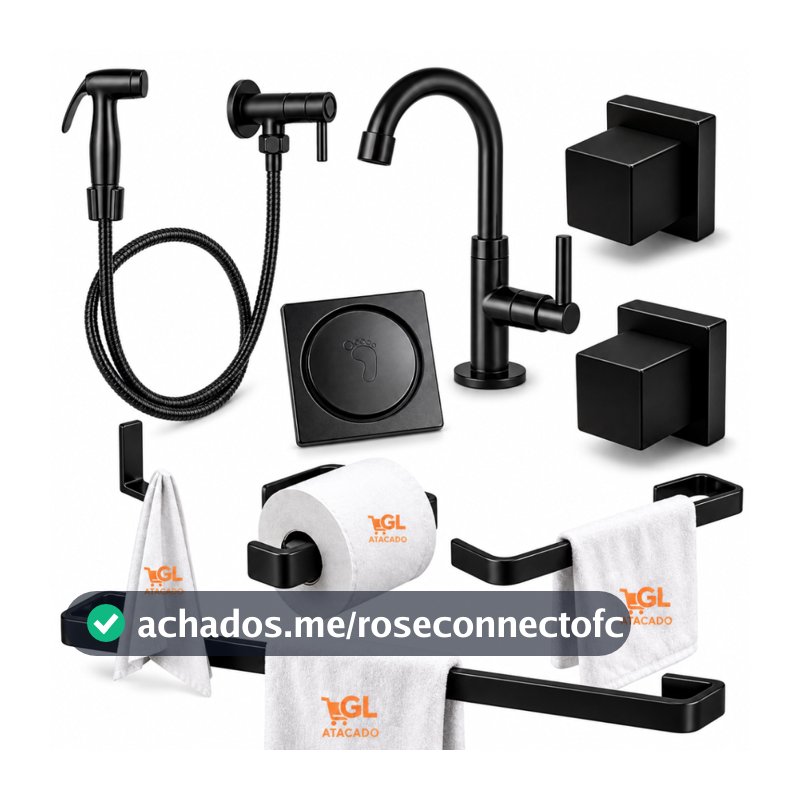 Kit Banheiro Completo Preto Luxo Torneira Ducha Higiênica Porta Toalha Papeleira Ralo Acessórios Premium