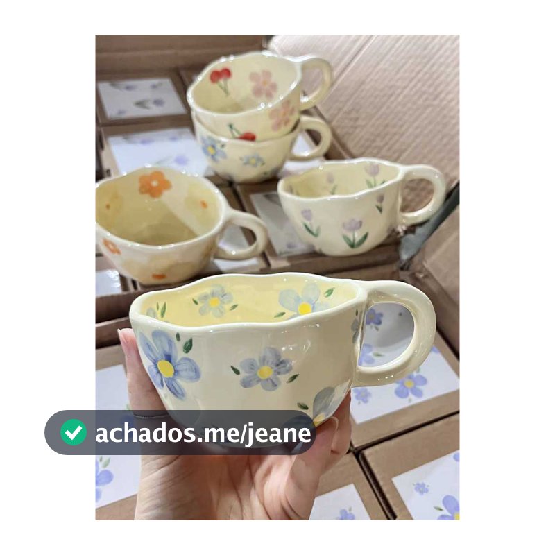 Caneca Xicara Cerâmica Floral Azul 300ml Estilo Vintage Café Chá Decorativa Cozinha Mesa Posta