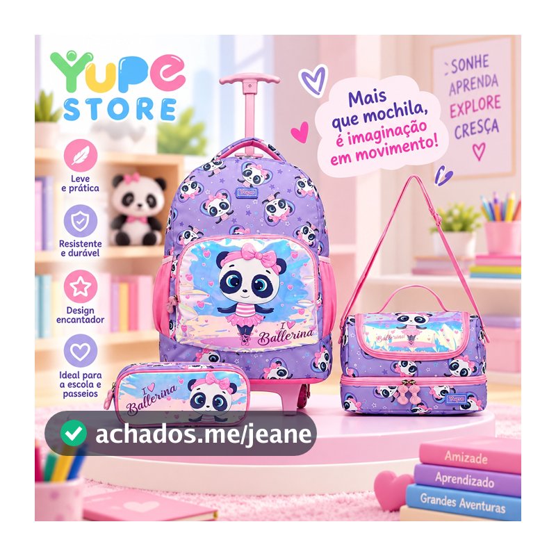 YUPE Kit Mochila Lancheira Estojo Infantil Feminina Escolar Panda