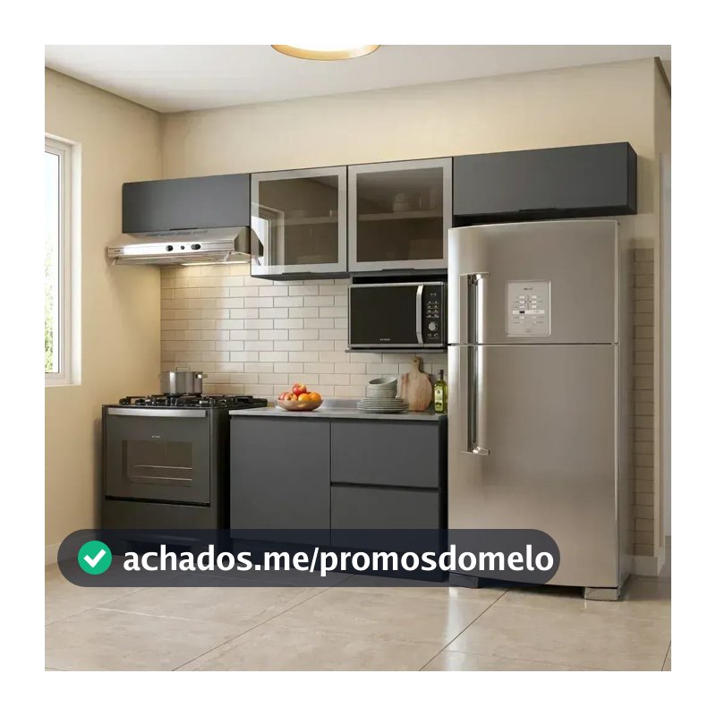 Cozinha Completa Modulada 5 Peças com Nicho para Micro-Ondas e Balcão para Pia sem Tampo Etna Grafite/Preto Grafite