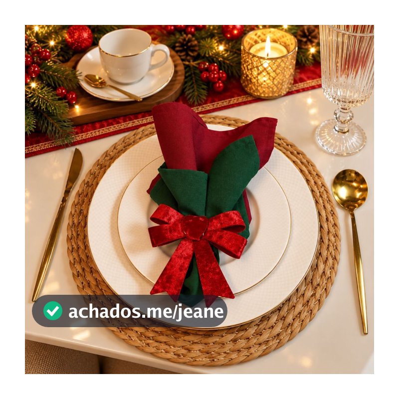 Kit 4 Anéis de Guardanapo Laço Natalino em Veludo Vermelho com Argola de Madeira