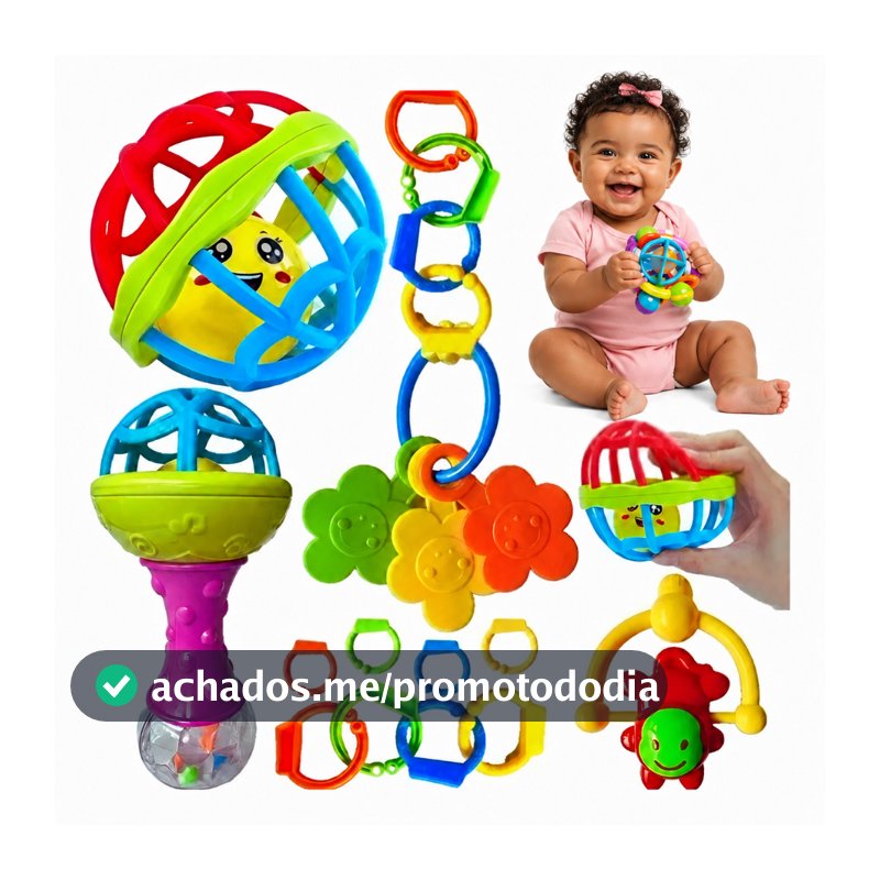 Kit 8 Peças Chocalho Mordedor Bebê Silicone Macio Bola Sensorial Colorido Brinquedo Menina Menino