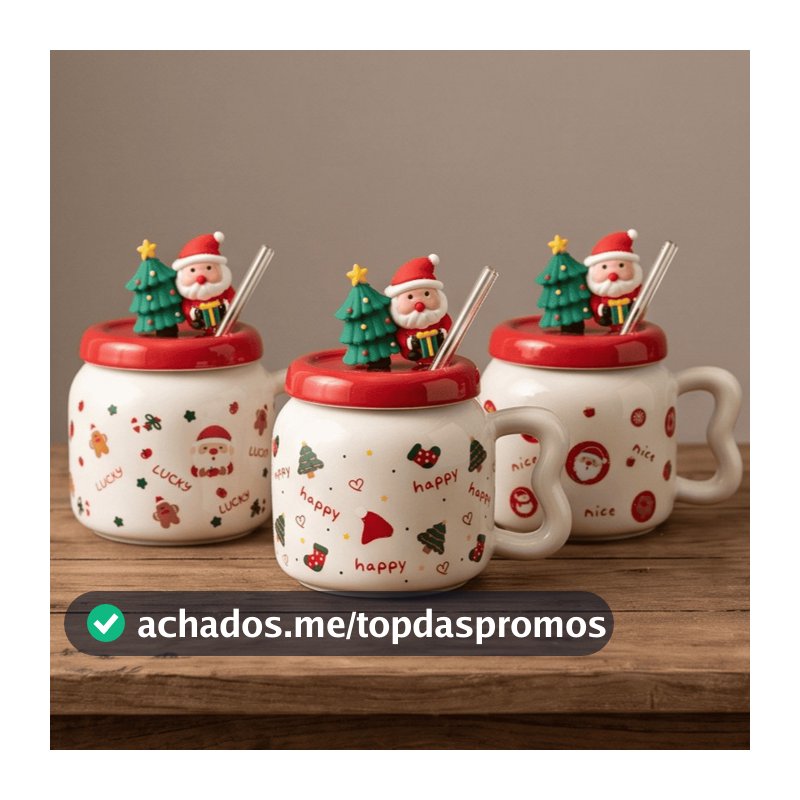 Caneca de Natal 380ml Com Tampa e Canudo Presente Natalina