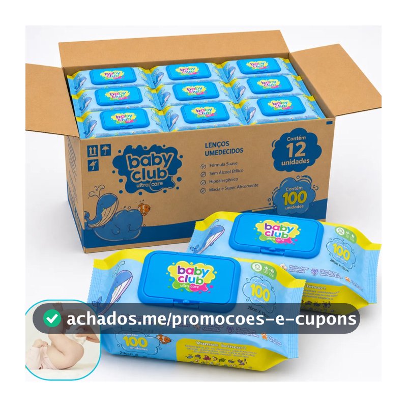 Kit 1200 Lenço Umedecido Baby Club Aloe Vera Caixa C/12 Pack