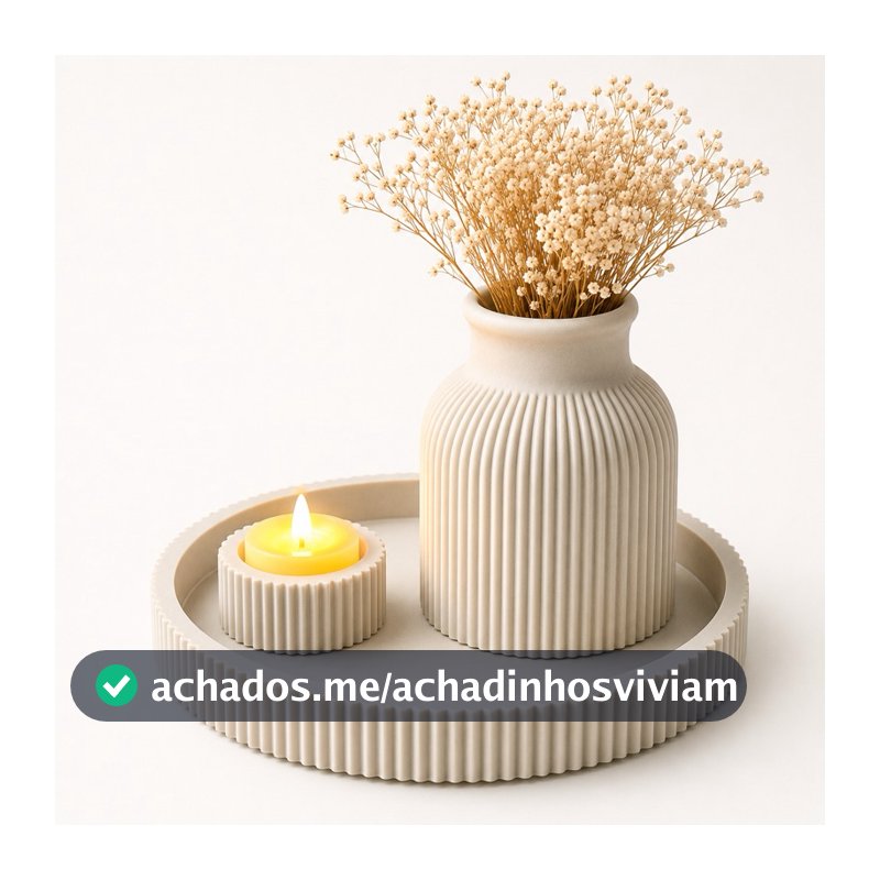 Kit Decorativo Minimalista Vaso Canelado 13 cm Bandeja 17 cm e Vela LED para Sala Mesa de Centro