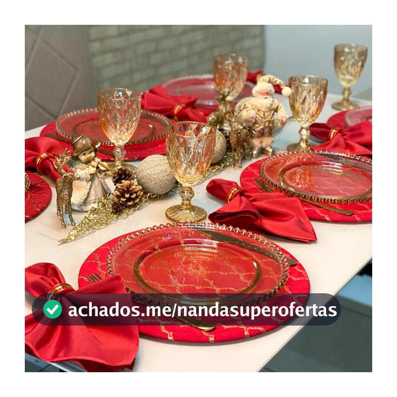Kit Sousplat Mesa Posta Completa de Natal Natalino Vermelho e Dourado Brilhante